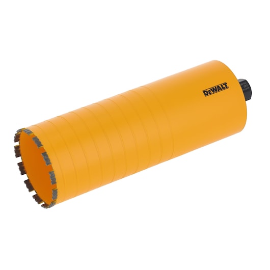 Yellow DEWALT core drill bit with segmented cutting edge, cylindrical shape, used for drilling concrete.
