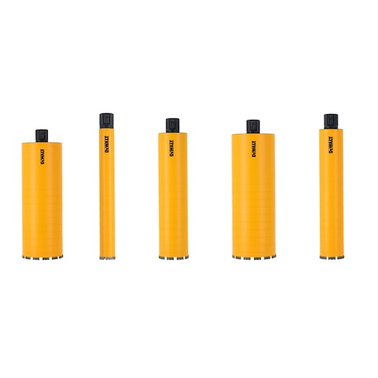 Five yellow DEWALT core drill bits with black tops, shown upright in a row on a white background.