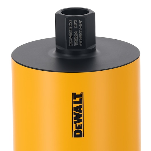 DEWALT yellow cylindrical drill accessory with black top connection. Brand name printed on the side.