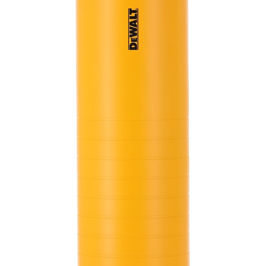 Yellow cylindrical DEWALT product with vertical logo, textured lines, against plain white background.