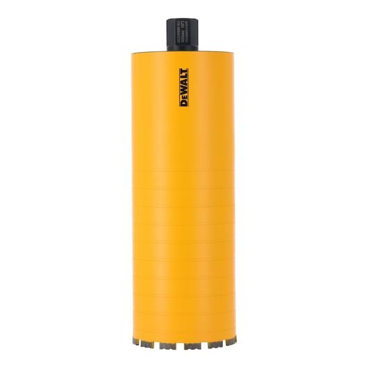 Yellow DEWALT core drill bit with cylindrical shape and segmented cutting edge, used for drilling hard materials.