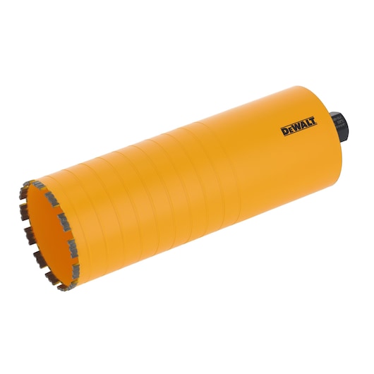 Yellow DEWALT cylindrical core drill bit with segmented cutting edge and side grooves.