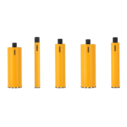 Five yellow DEWALT core drill bits of varying sizes are lined up vertically against a white background.