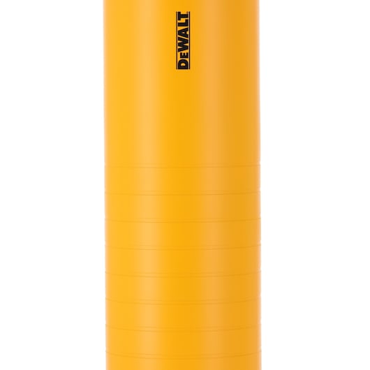 Yellow cylindrical DEWALT product with black vertical logo and horizontal ridges, photography category.
