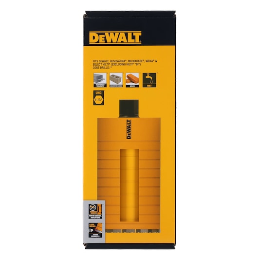 DEWALT boxed core drill bit with yellow and black packaging, product suited for masonry and wet drilling.