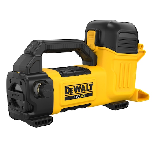 DEWALT 18V XR portable yellow inflator with black handle, compact design, and sturdy base.