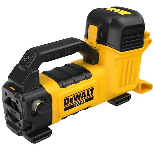 DEWALT DCE050N 18V portable inflator with handle, shown in yellow and black casing on white background.