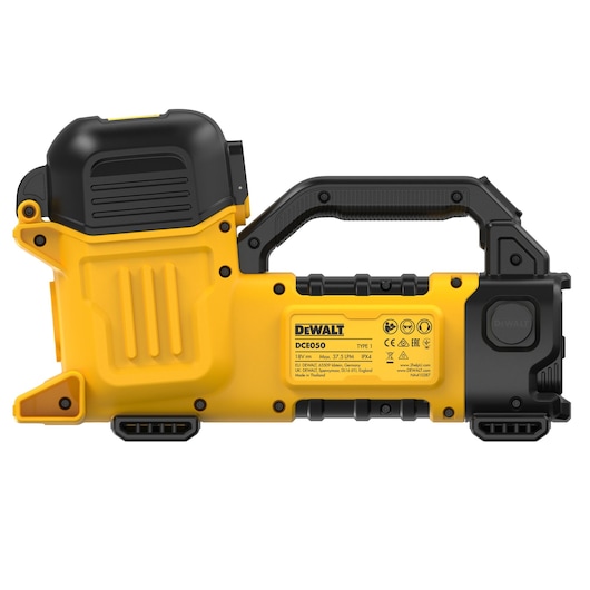 DEWALT DCE050N yellow and black photography tool with handle and labeled controls.