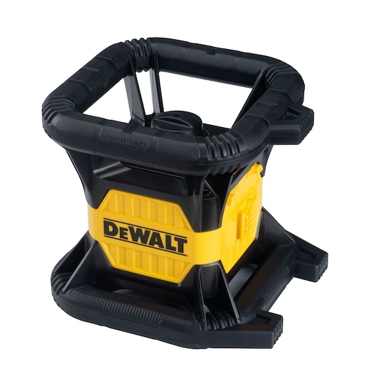 A DEWALT photography accessory set including a black and yellow battery charger, red-tinted safety glasses, a yellow bracket, and a red measurement target marked with the DEWALT logo and measurement scales.