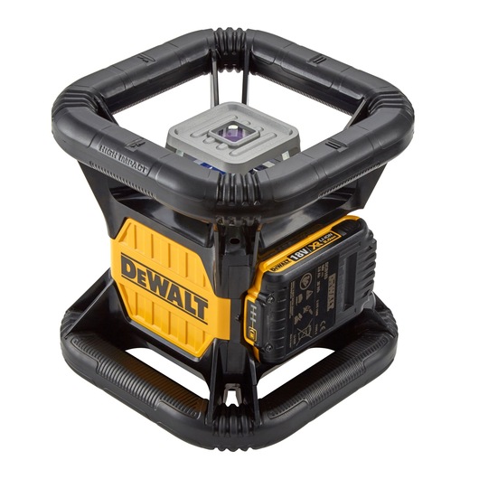 A DEWALT-branded, yellow and black self-leveling rotary laser level device with protective cage, designed for professional construction and surveying use.