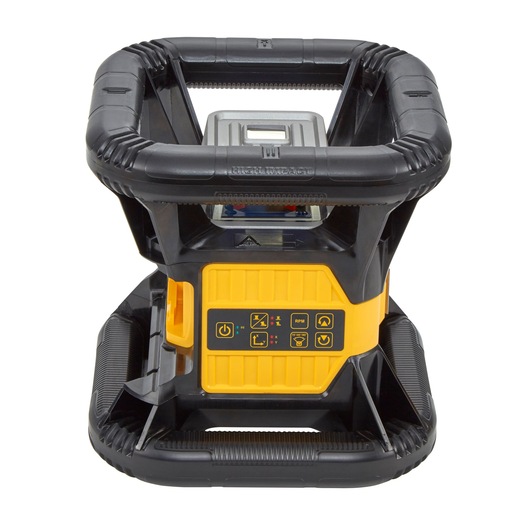 Front view of a DEWALT DCE079D1R rotary laser level device, featuring a protective black frame and yellow control panel with several buttons and indicators.