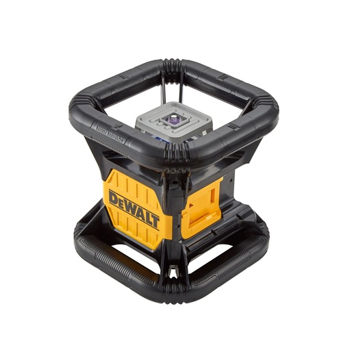 A DEWALT DCE079D1R construction tool, featuring a rugged yellow and black design with a protective cage around the main unit, designed for durability and impact resistance.
