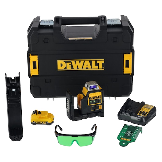 DEWALT professional photography tool kit including a black and yellow carrying case, a laser level device, battery pack, charger, wall mount, green safety glasses, and measuring card, all displayed on a white background.