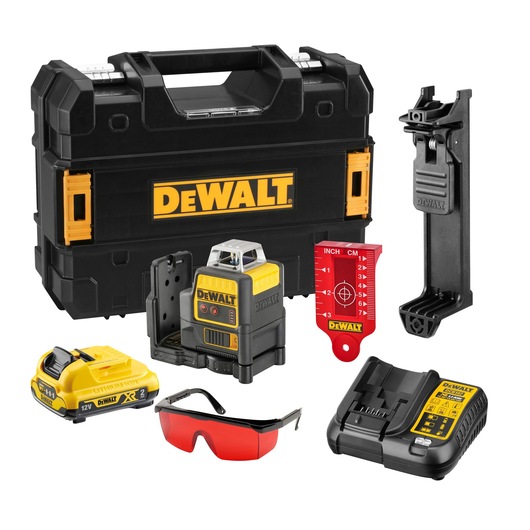 DEWALT photography product kit including a sturdy black and yellow carrying case, a laser level device, a battery, a charger, a red measuring target, a mounting bracket, and safety glasses with red lenses.
