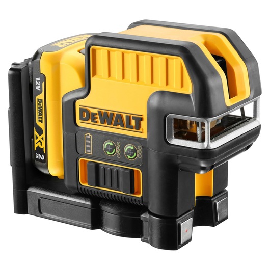 A DEWALT 12V XR yellow and black multi-line laser level tool, model DCE0825D1G, with visible control buttons and a sturdy protective casing.