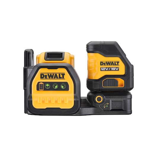 A DEWALT 12V/18V green cross line laser level tool with battery, shown in a yellow and black color design. The tool has control buttons, power level indicators, and the DEWALT logo on the front and side.