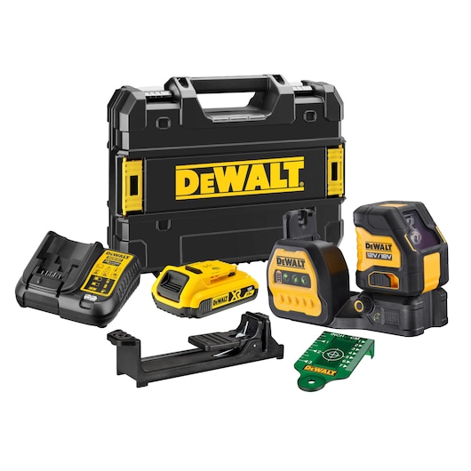 DEWALT laser level kit with carrying case, charger, battery, mount, and accessories.