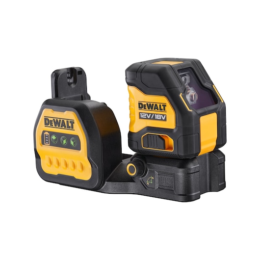 DEWALT 12V/18V cross line laser level device in black and yellow, shown on a white background. The device features control buttons, indicator lights, and branding on its side.