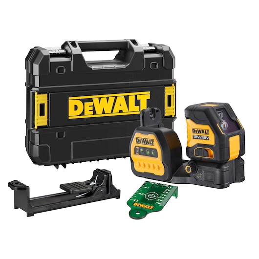 DEWALT laser level kit with case, mounting bracket, and green target plate.