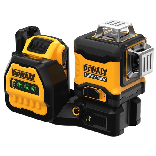 DEWALT 12V/18V professional green laser level tool with battery and mount in black and yellow color.