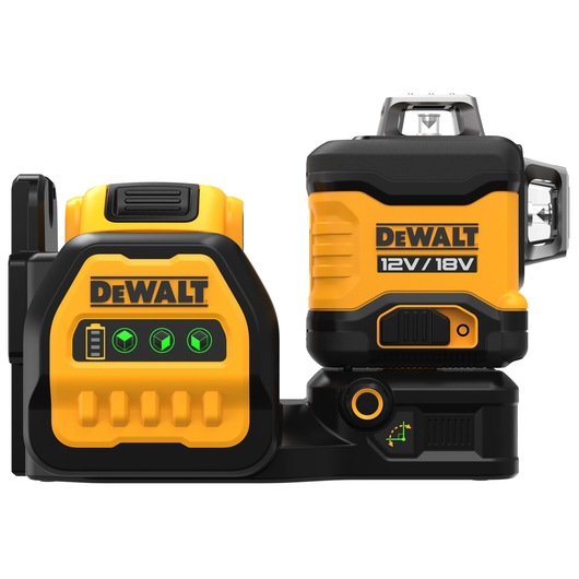 DEWALT 12V/18V green cross line laser level with battery pack, shown on a white background.