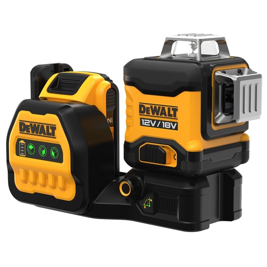 A DEWALT 12V/18V green cross line laser level with a battery pack, featuring a yellow and black design. The product has control buttons and a mounting base.