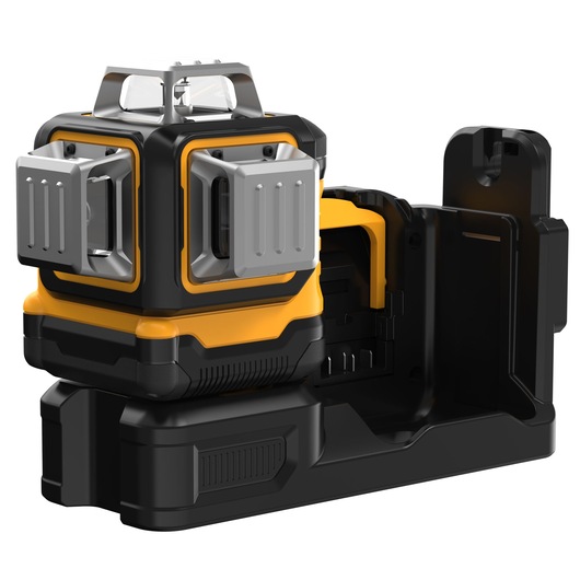 A DEWALT DCE089D1G18 photography tool featuring a compact, rectangular black and yellow body with metallic protective covers, displayed on a black base against a white background.