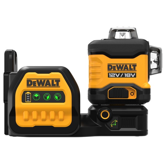 A DEWALT 12V/18V green line laser level with charger, featuring yellow and black casing and LED indicator lights.