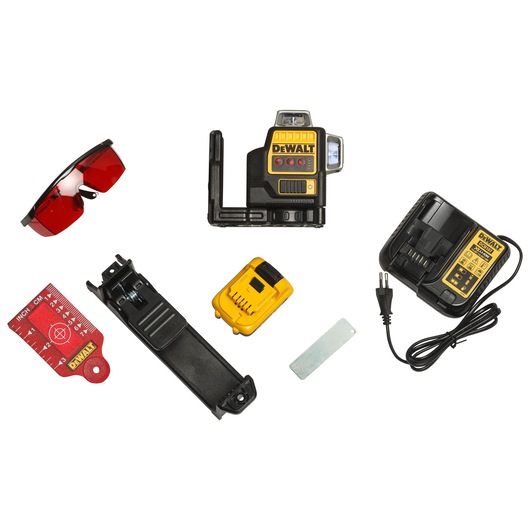 A DEWALT laser level kit set, including a laser level tool, charger, rechargeable battery, mounting bracket, red laser enhancement glasses, red target plate, and a small metal plate accessory, all arranged separately on a white background.