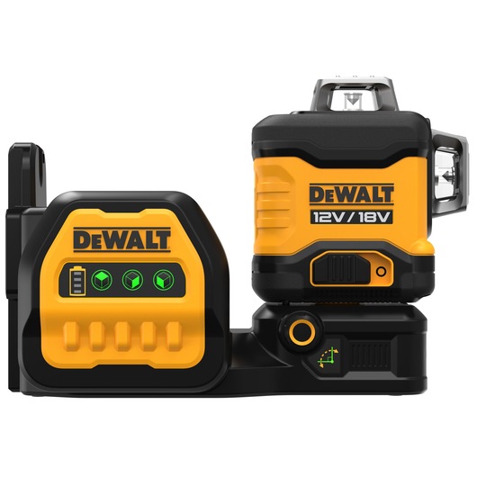 DEWALT 12V/18V yellow and black laser level device with control panel and battery indicator, designed for professional measuring and leveling applications.