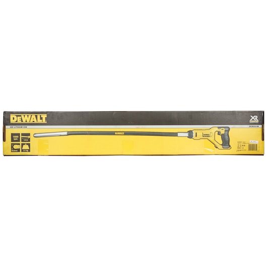 Box of a DEWALT 18V lithium-ion tool, model DCE531N-XJ, showing the tool's image and specifications. The box is yellow and black with branding and product details.