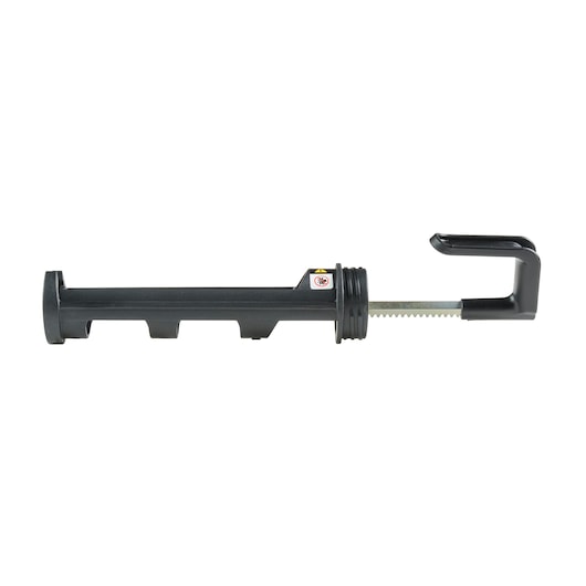 Black DEWALT caulking gun accessory with serrated metal rod and hook, shown on white background.