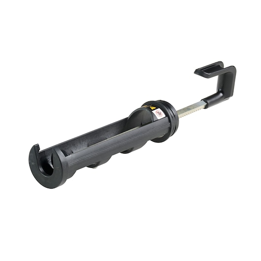 Black DEWALT caulking gun accessory with hook and rotating rod, used for dispensing sealant.