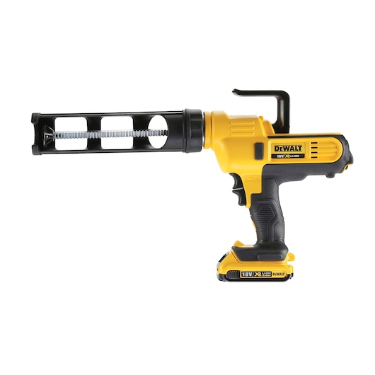 DEWALT 18V XR cordless caulking gun shown in a side view, mainly yellow and black in color, with a pistol grip and a battery pack attached at the bottom.