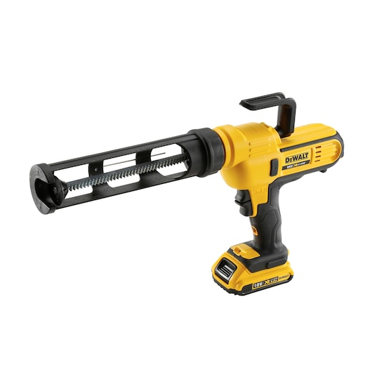 A DEWALT DCE560D1 cordless caulking gun in yellow and black color, designed for dispensing sealant or adhesive. The tool features a rechargeable battery, ergonomic handle, and a long barrel for holding cartridges.