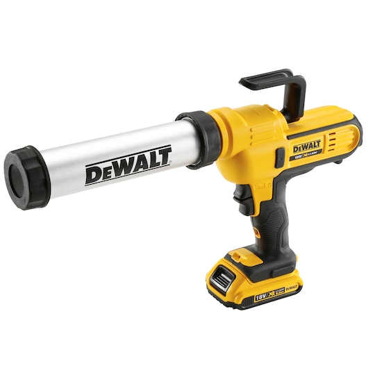 A DEWALT 18V cordless caulking gun with a yellow and black body and a silver tube for dispensing material.