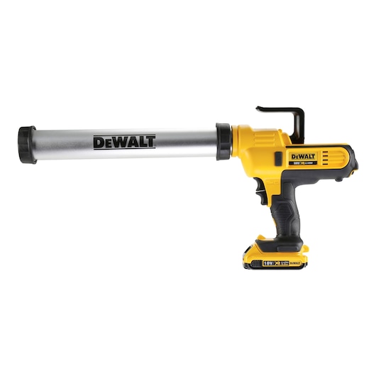 DEWALT cordless caulking gun with yellow and black body, silver tube, and 18V battery.