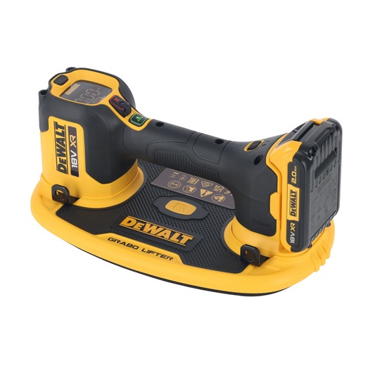 DEWALT 18V XR Grabo Lifter, a portable battery-powered suction lifter with a yellow and black design, featuring labels and controls on the top.