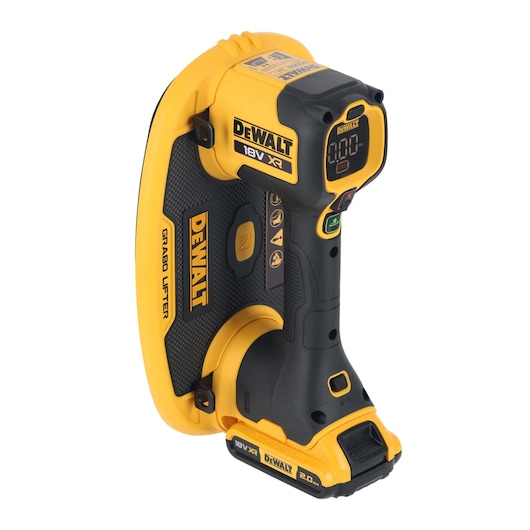 A DEWALT 18V XR cordless grabo lifter tool, shown with its yellow and black design, ergonomic handle, digital display, and branding on the front and side.
