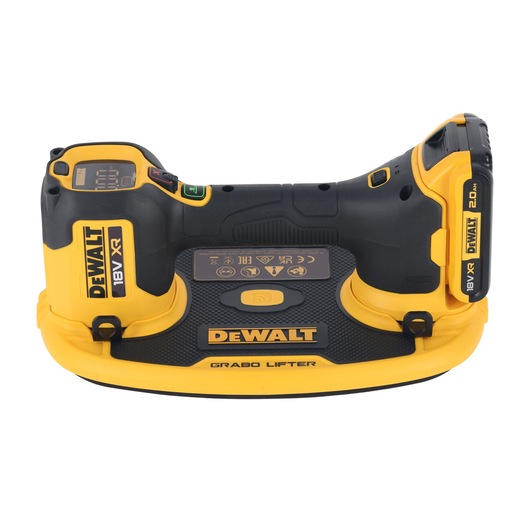 DEWALT 18V XR Grabo Lifter, a portable battery-powered vacuum lifter tool with yellow and black design, used for lifting and moving heavy objects such as tiles or glass.