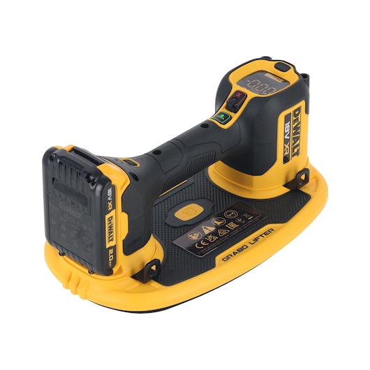 Close-up of a DEWALT cordless grab lifter tool with black and yellow design, digital control panel, and visible battery pack.