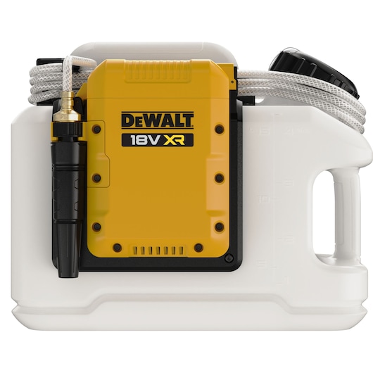 A DEWALT 18V XR battery-powered sprayer with a yellow control unit and a white container, featuring a coiled hose and a black handle.
