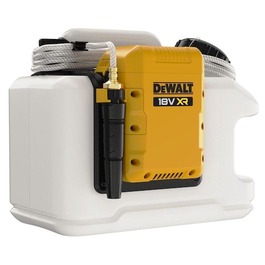 A DEWALT 18V XR cordless battery-powered sprayer with a white tank and yellow motor housing, hose coiled on top, and black spray handle attached to the side.