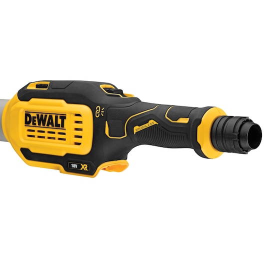 A close-up image of a DEWALT 18V XR brushless drywall sander, showing the handle, motor housing, and yellow-black color design.