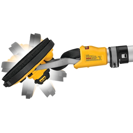 A yellow and black DEWALT cordless drywall sander, model DCE800N, is shown in a close-up image demonstrating its adjustable pivoting head feature.