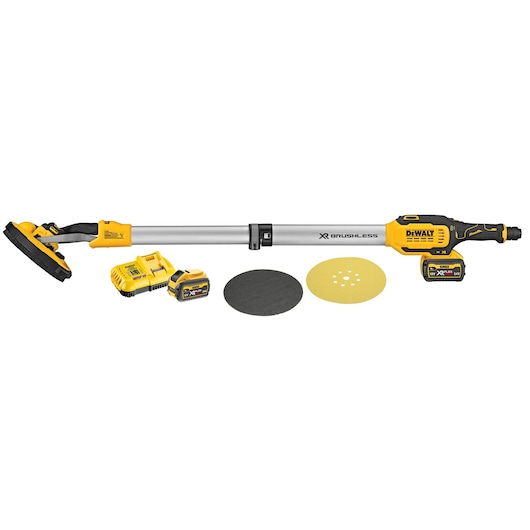 DEWALT cordless drywall sander kit including sander, charger, two batteries, and two sanding pads shown on a white background.