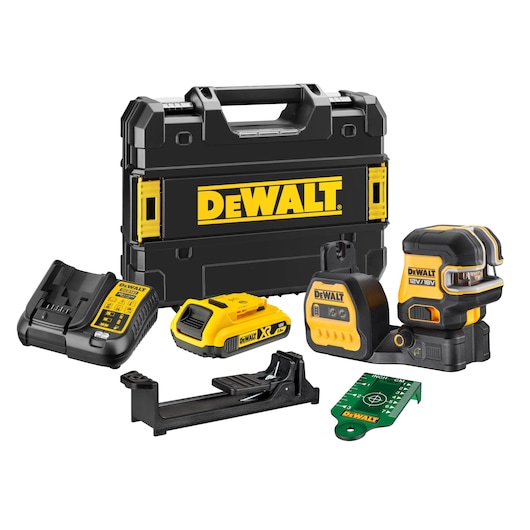 DEWALT laser level kit with case, charger, battery, mounting bracket, and accessories.