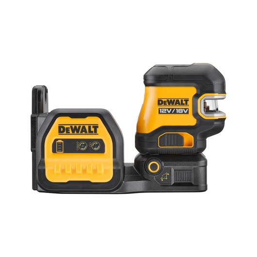DEWALT yellow and black cordless laser level for precise measurements, compatible with 12V and 18V batteries.