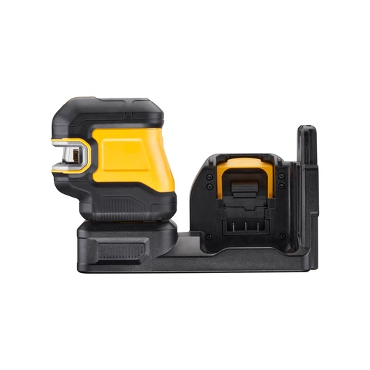 DEWALT yellow and black laser level device on a charging base, viewed from the side against a white background.