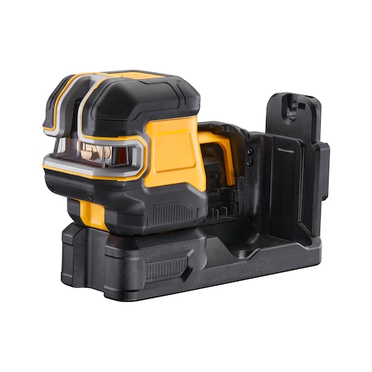 DEWALT laser level device in black and yellow with mounting base, shown against a white background.